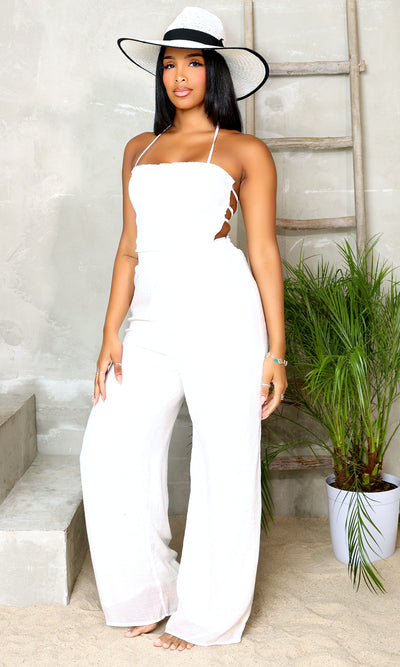 Effortless Charm | Smocked Woven Jumpsuit  - White