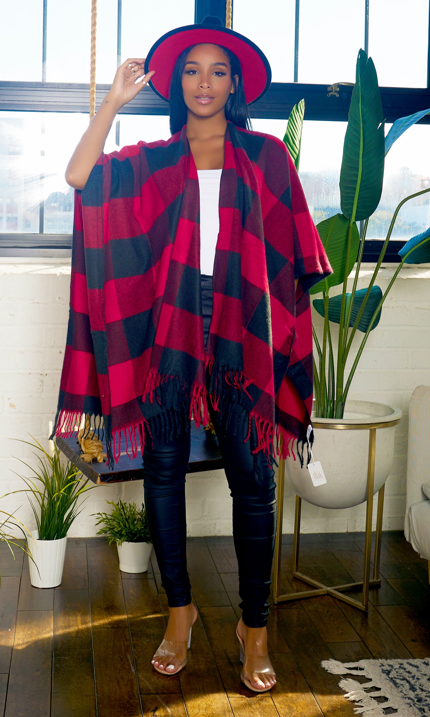 Check Plaid Ruana Shawl Wrap - Red - Cutely Covered