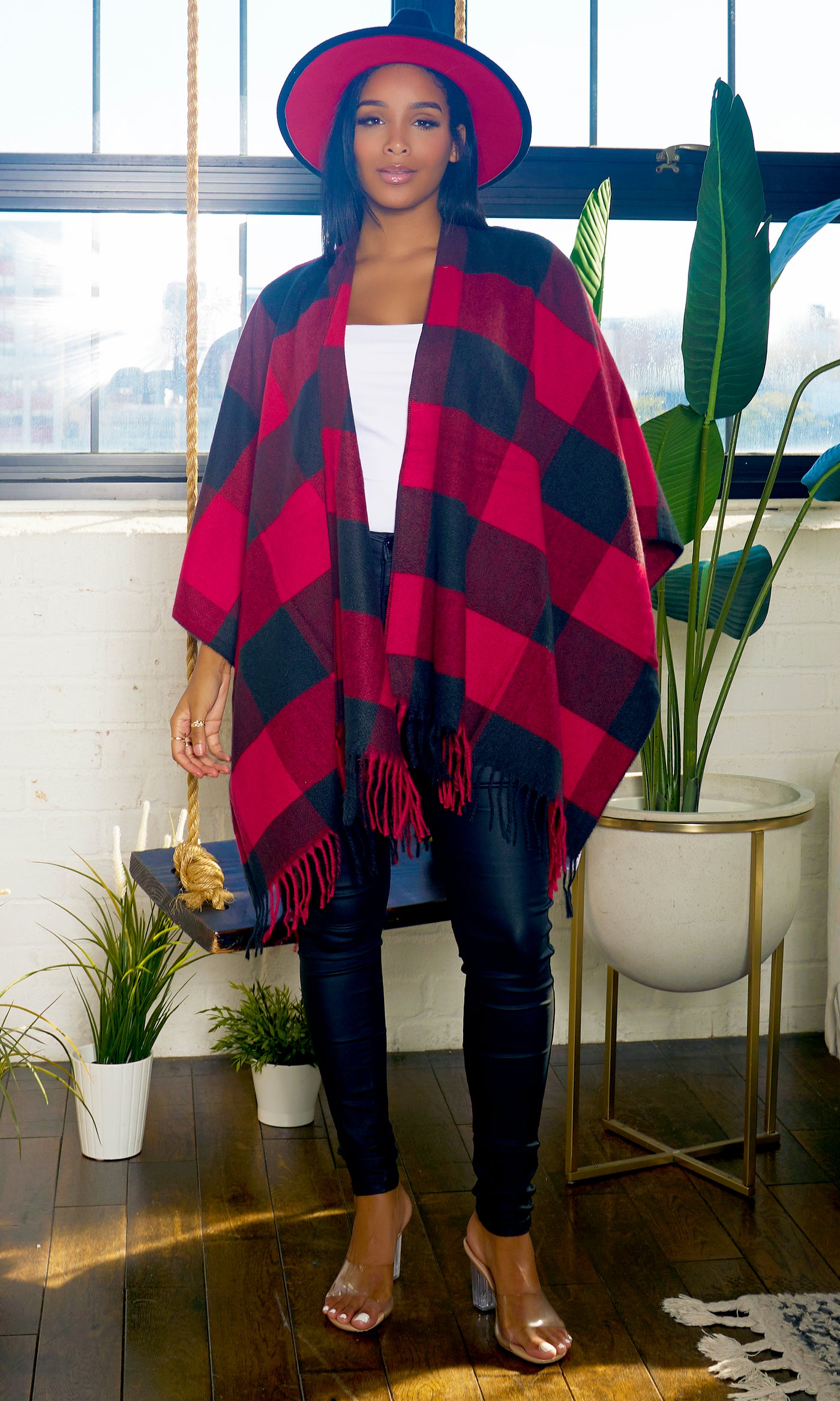 Check Plaid Ruana Shawl Wrap - Red - Cutely Covered