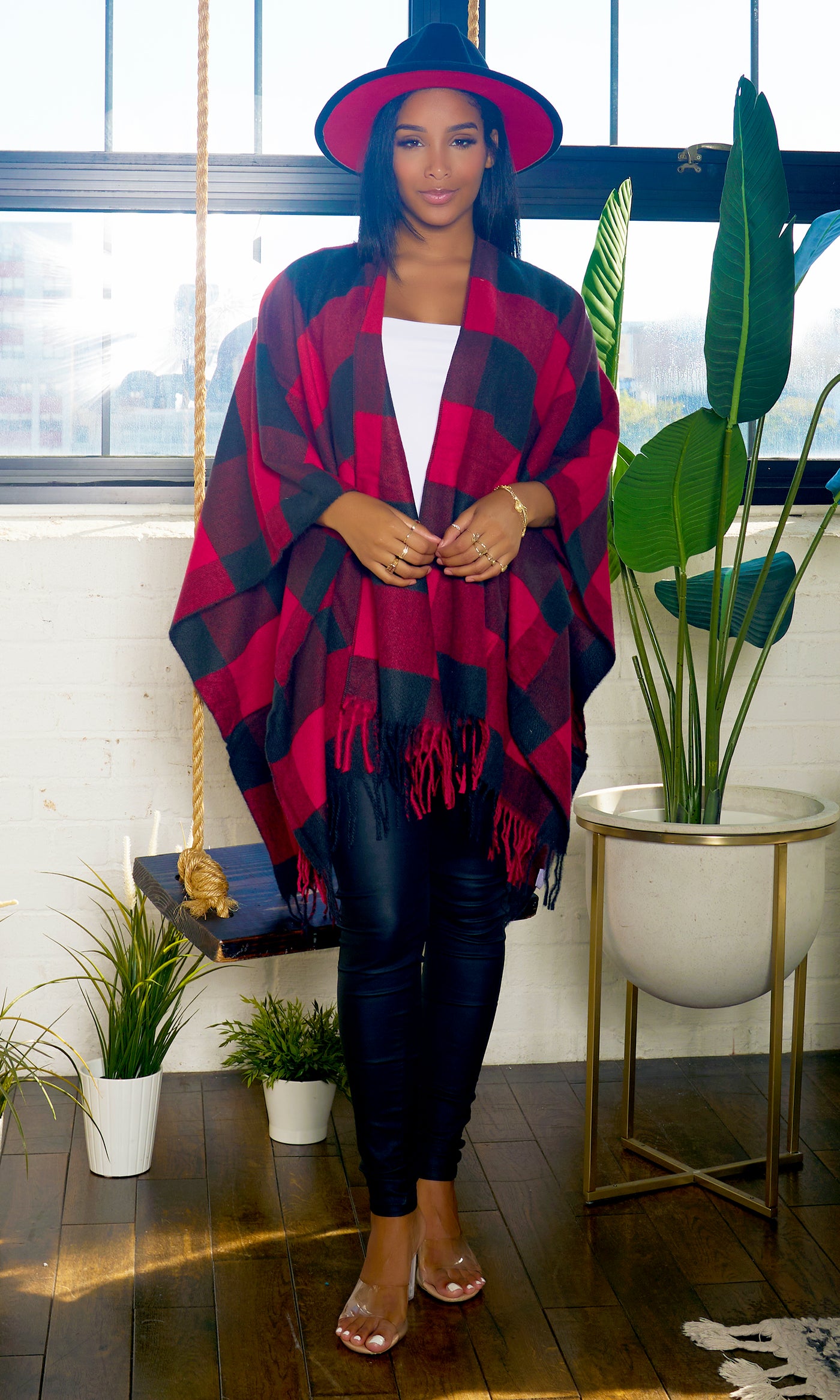 Check Plaid Ruana Shawl Wrap - Red - Cutely Covered