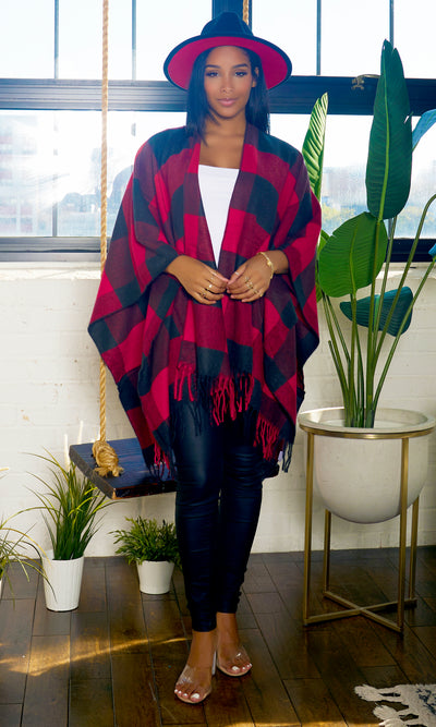 Check Plaid Ruana Shawl Wrap - Red - Cutely Covered