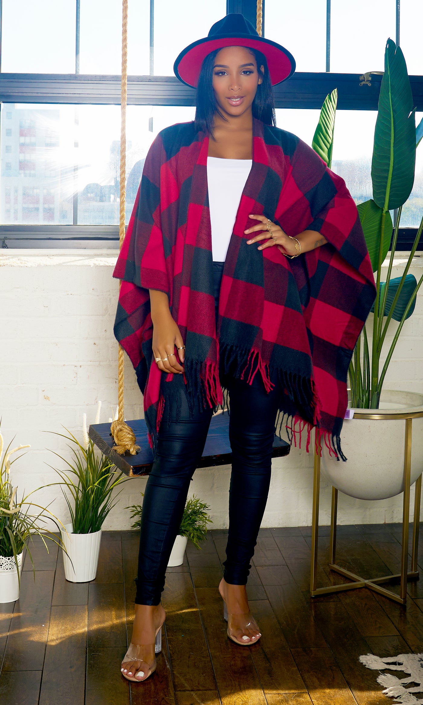 Check Plaid Ruana Shawl Wrap - Red - Cutely Covered