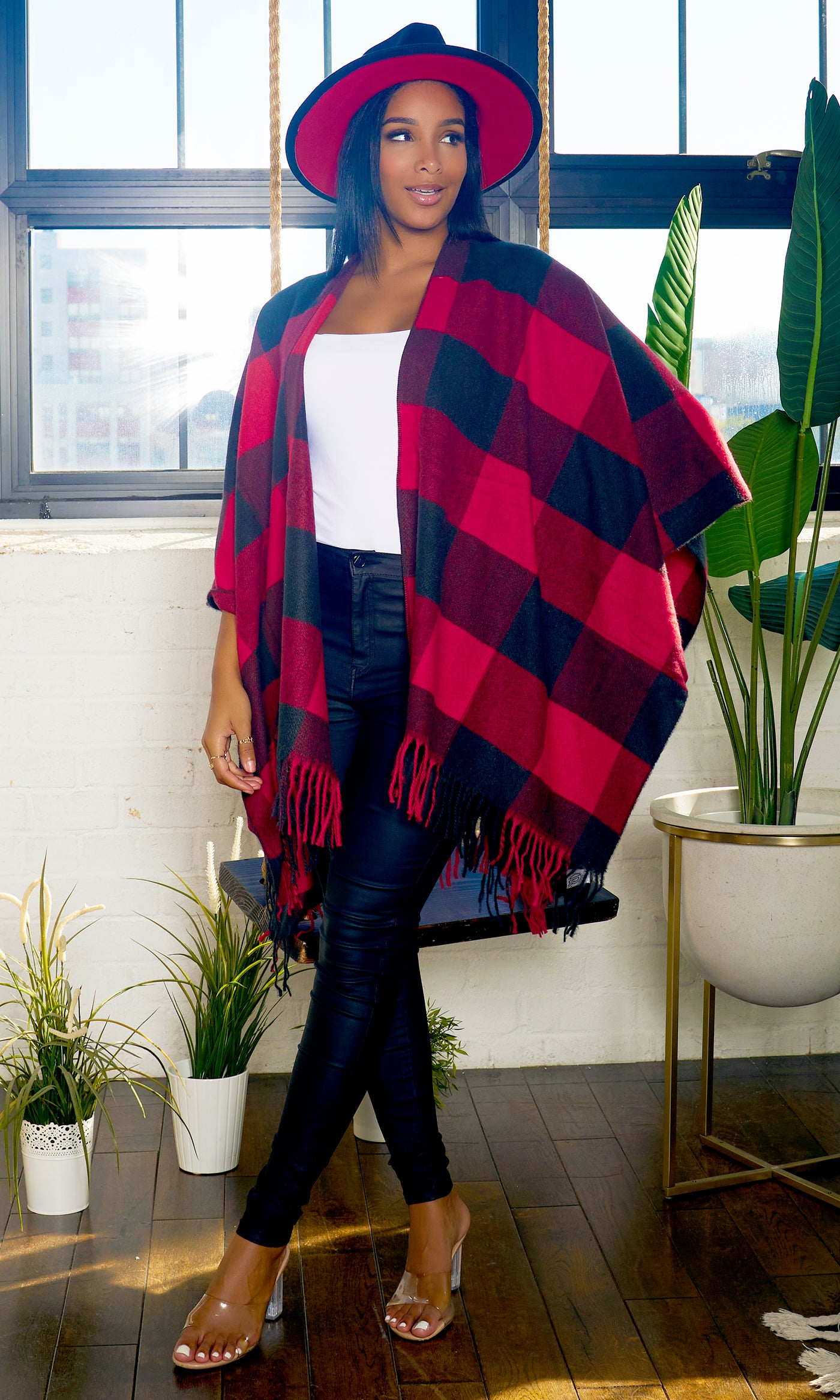 Check Plaid Ruana Shawl Wrap - Red - Cutely Covered