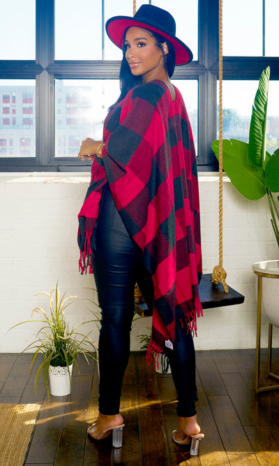 Check Plaid Ruana Shawl Wrap - Red - Cutely Covered