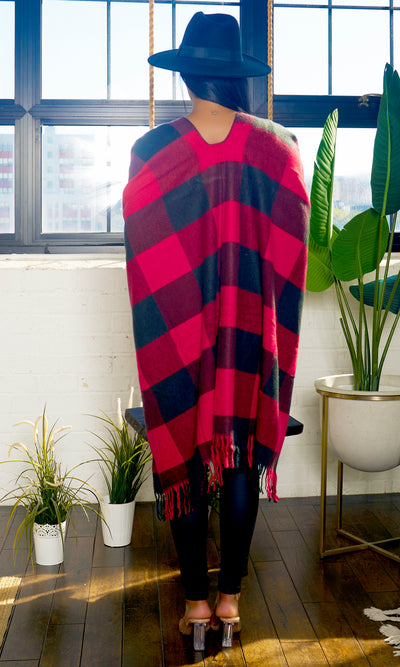 Check Plaid Ruana Shawl Wrap - Red - Cutely Covered