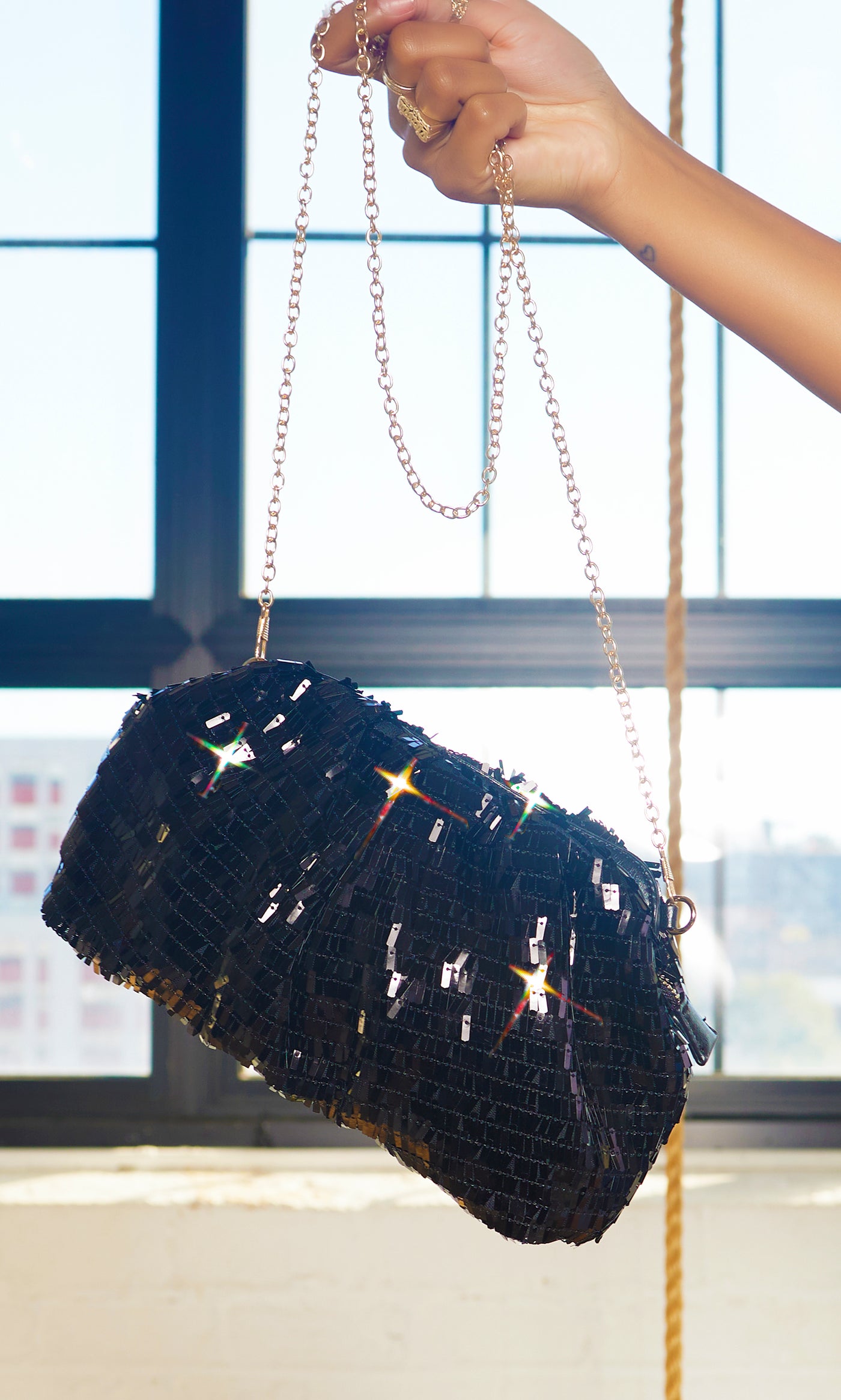 Black Sequins Gold Strap Clutch Bag - Cutely Covered