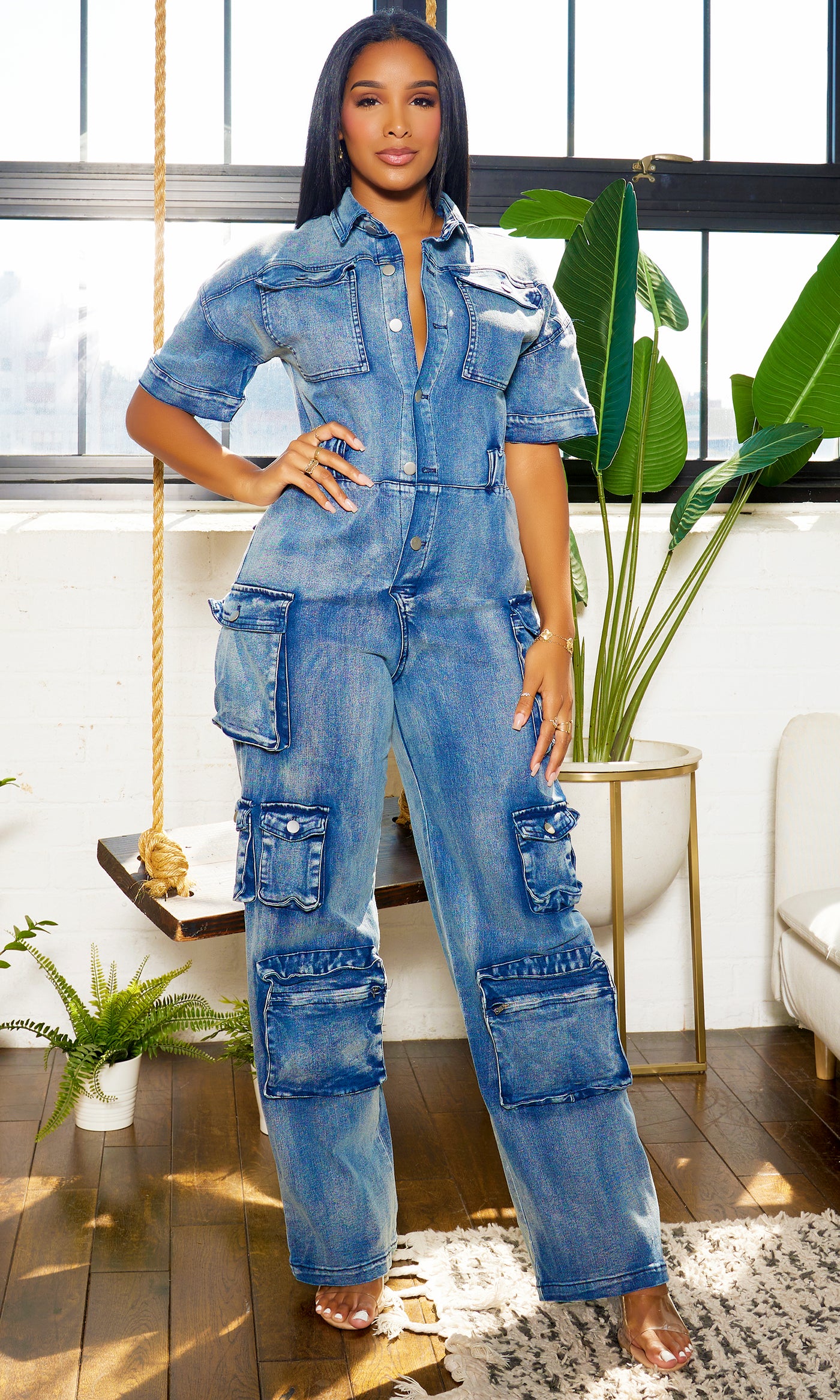 Short Sleeve Cargo Denim Jumpsuit - Medium Wash - Cutely Covered