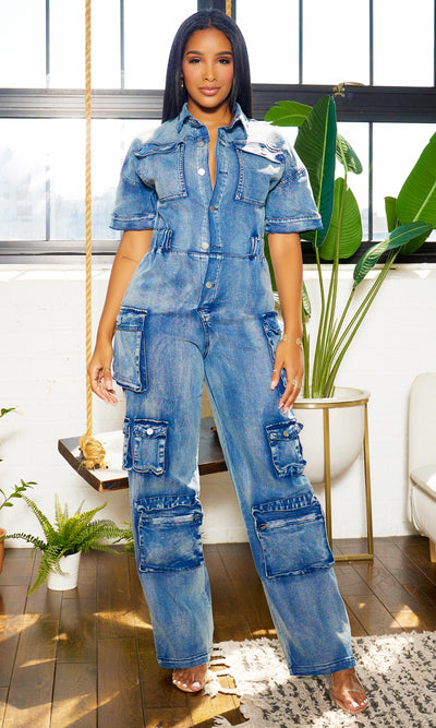 Short Sleeve Cargo Denim Jumpsuit - Medium Wash - Cutely Covered