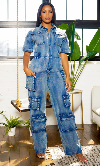 Short Sleeve Cargo Denim Jumpsuit - Medium Wash - Cutely Covered