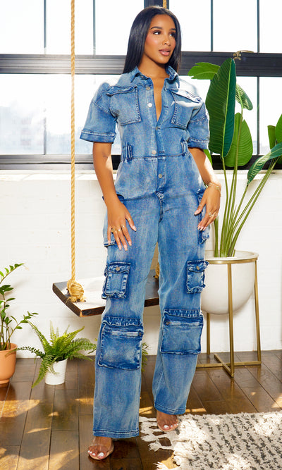 Short Sleeve Cargo Denim Jumpsuit - Medium Wash - Cutely Covered