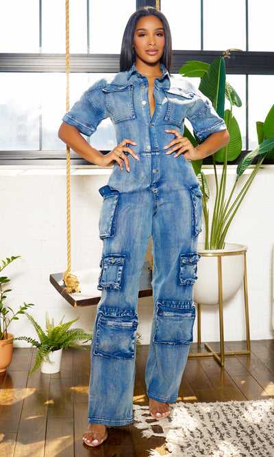 Short Sleeve Cargo Denim Jumpsuit - Medium Wash - Cutely Covered