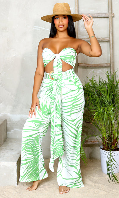 Hawaiian Haven | Halter Top Pants Set - Lime Green