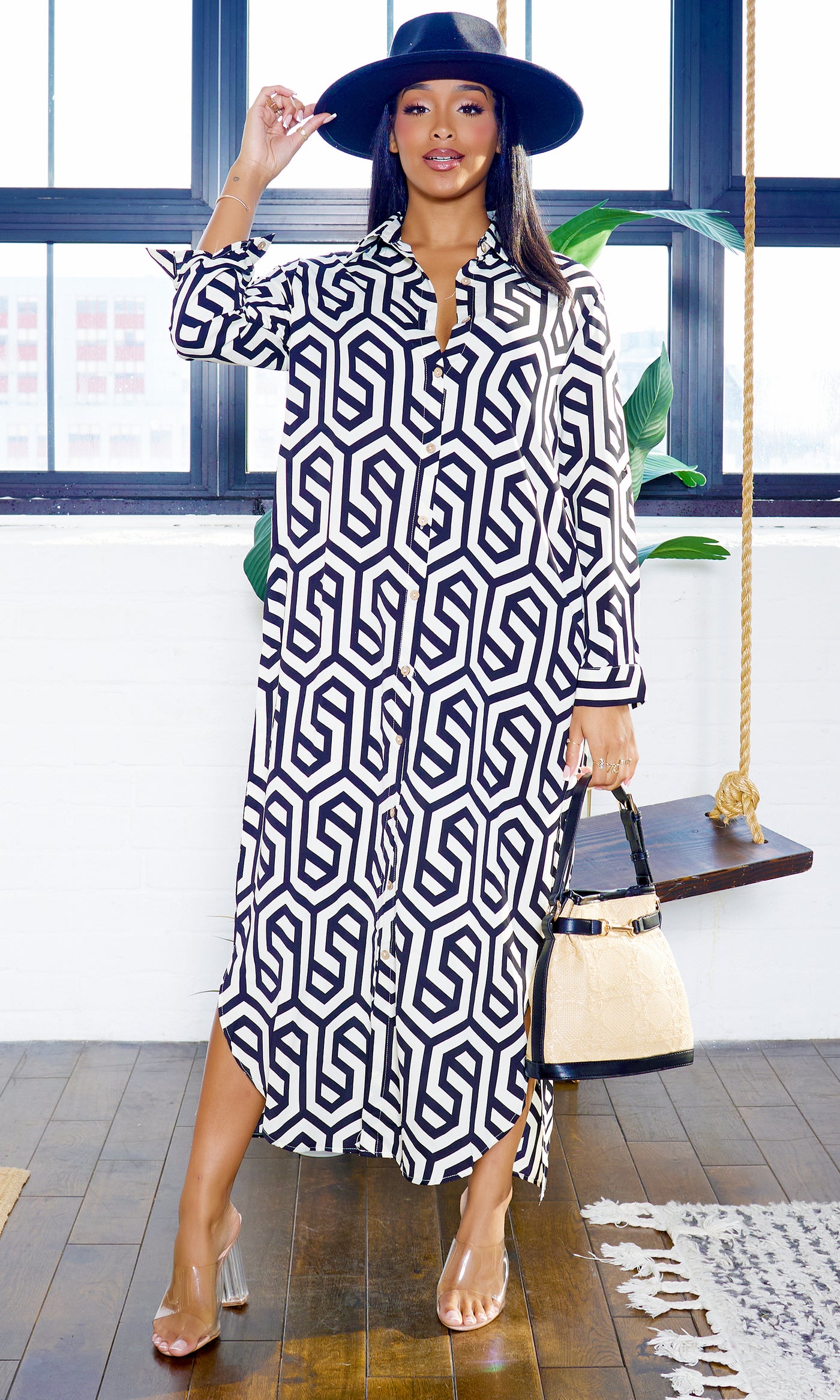 Geometric Pattern | Button Down Maxi Dress - Black - Cutely Covered