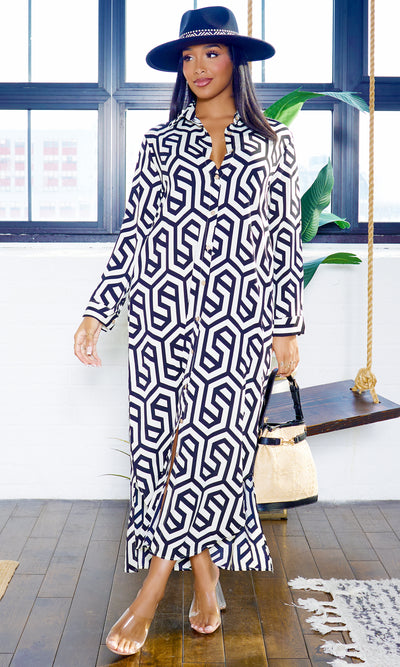 Geometric Pattern | Button Down Maxi Dress - Black - Cutely Covered