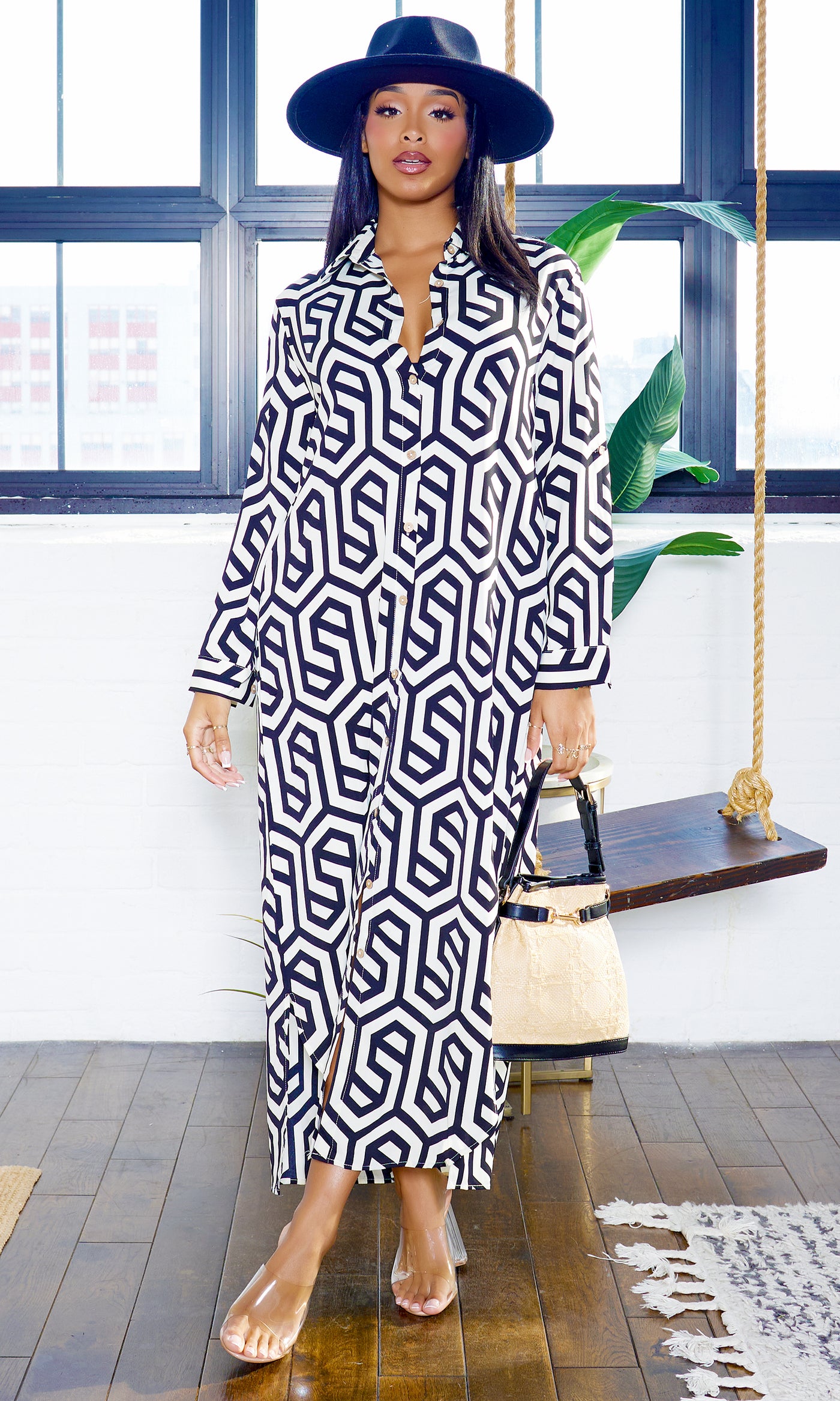 Geometric Pattern | Button Down Maxi Dress - Black - Cutely Covered