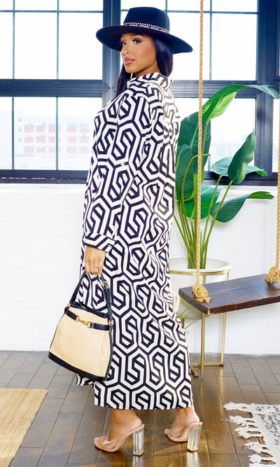 Geometric Pattern | Button Down Maxi Dress - Black - Cutely Covered