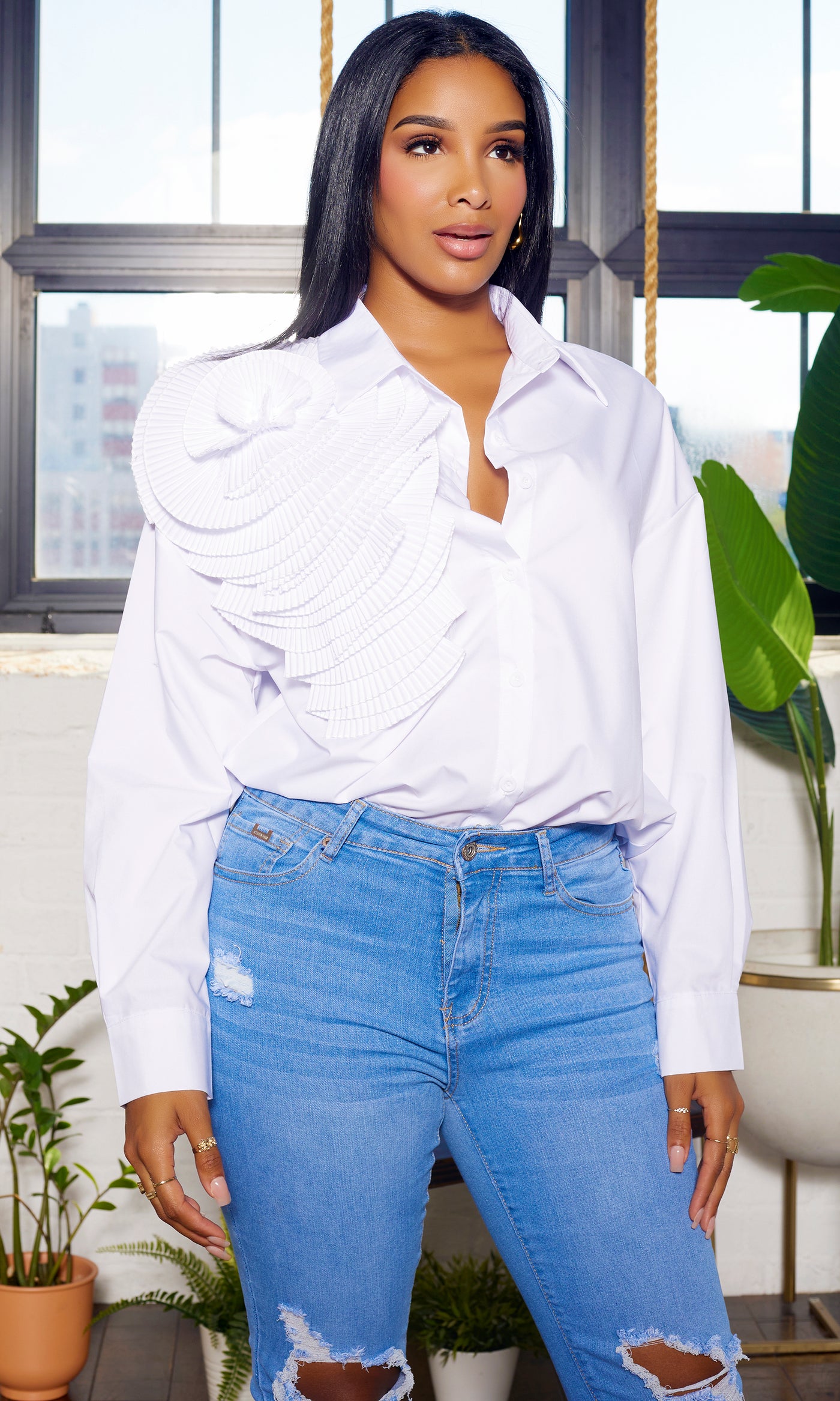 Flower Detail Button Down Blouse - White - Cutely Covered