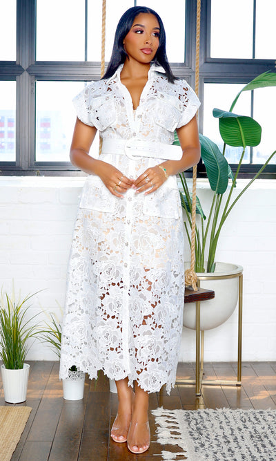 Timeless Elegance | Collared Embroidery Maxi Dress - White
