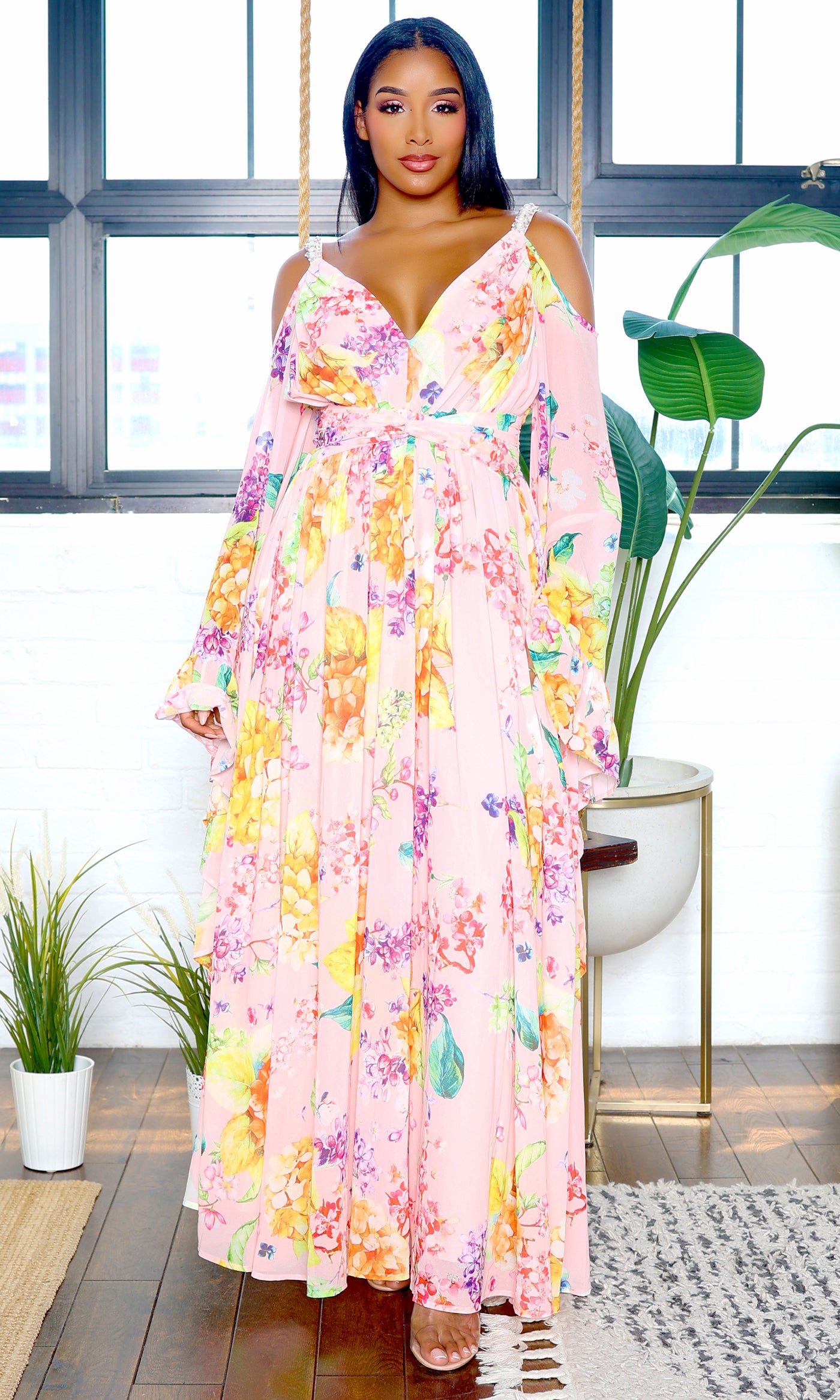 Exquisite | Bell Sleeve Cutout Maxi Floral Dress - Pink