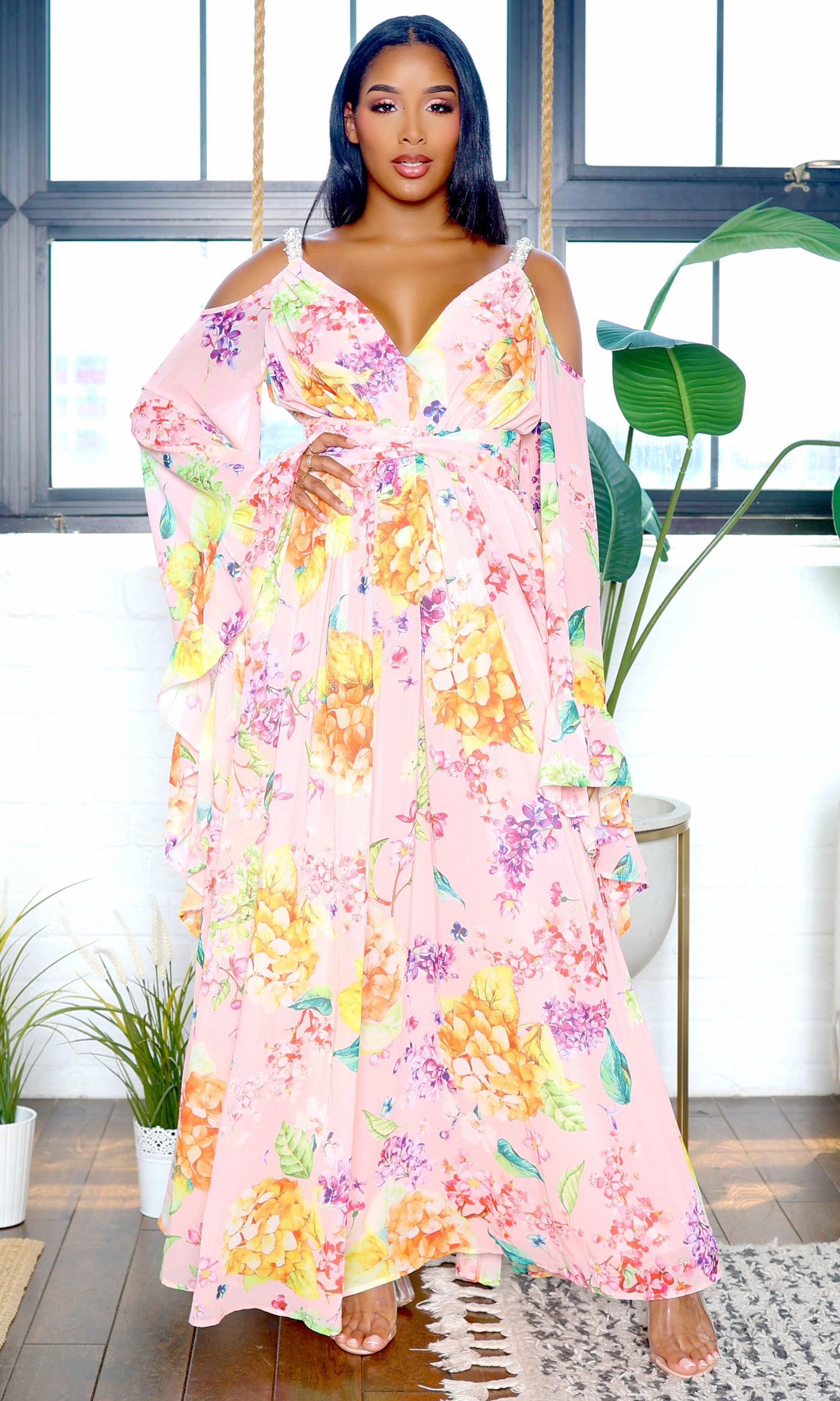 Exquisite | Bell Sleeve Cutout Maxi Floral Dress - Pink FINAL SALE