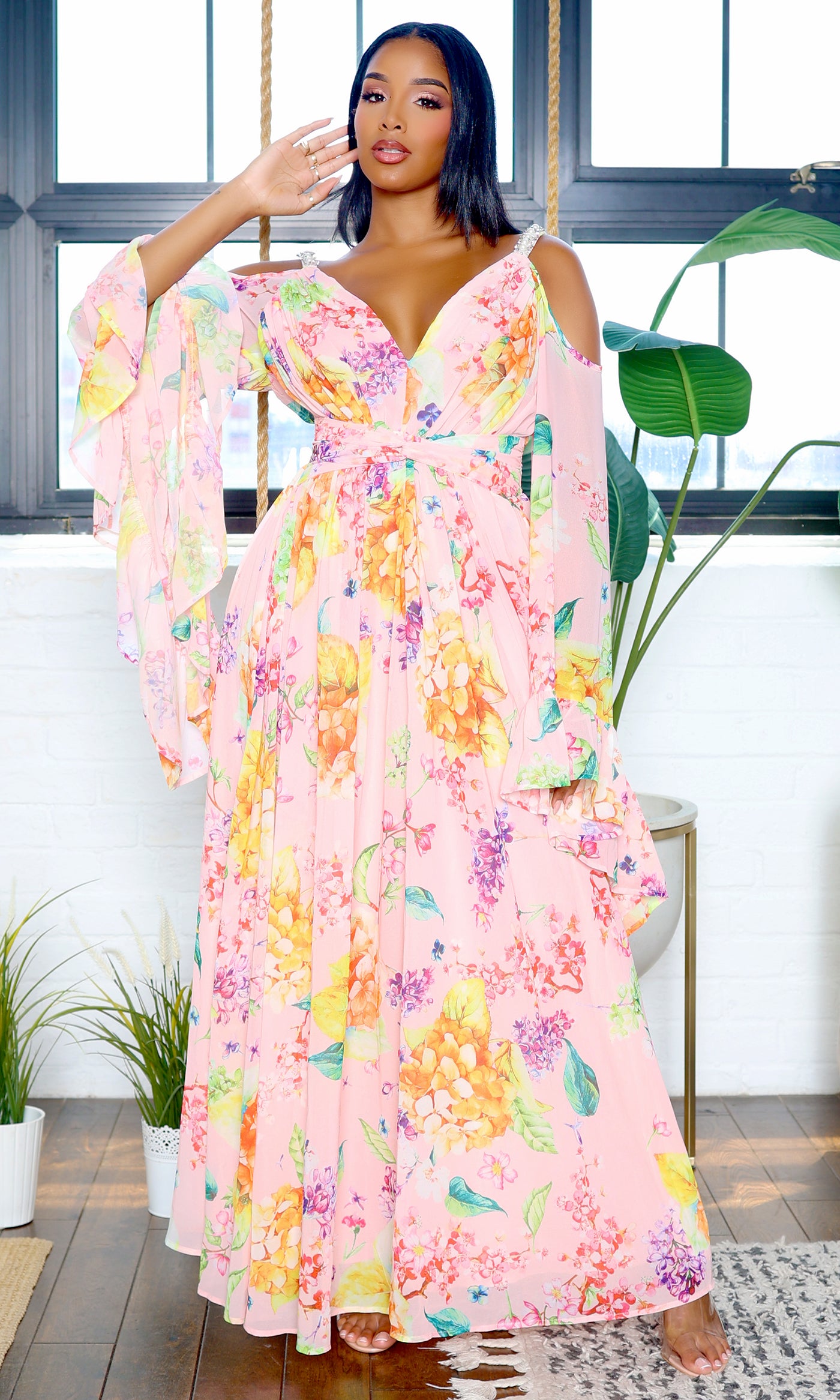 Exquisite | Bell Sleeve Cutout Maxi Floral Dress - Pink FINAL SALE