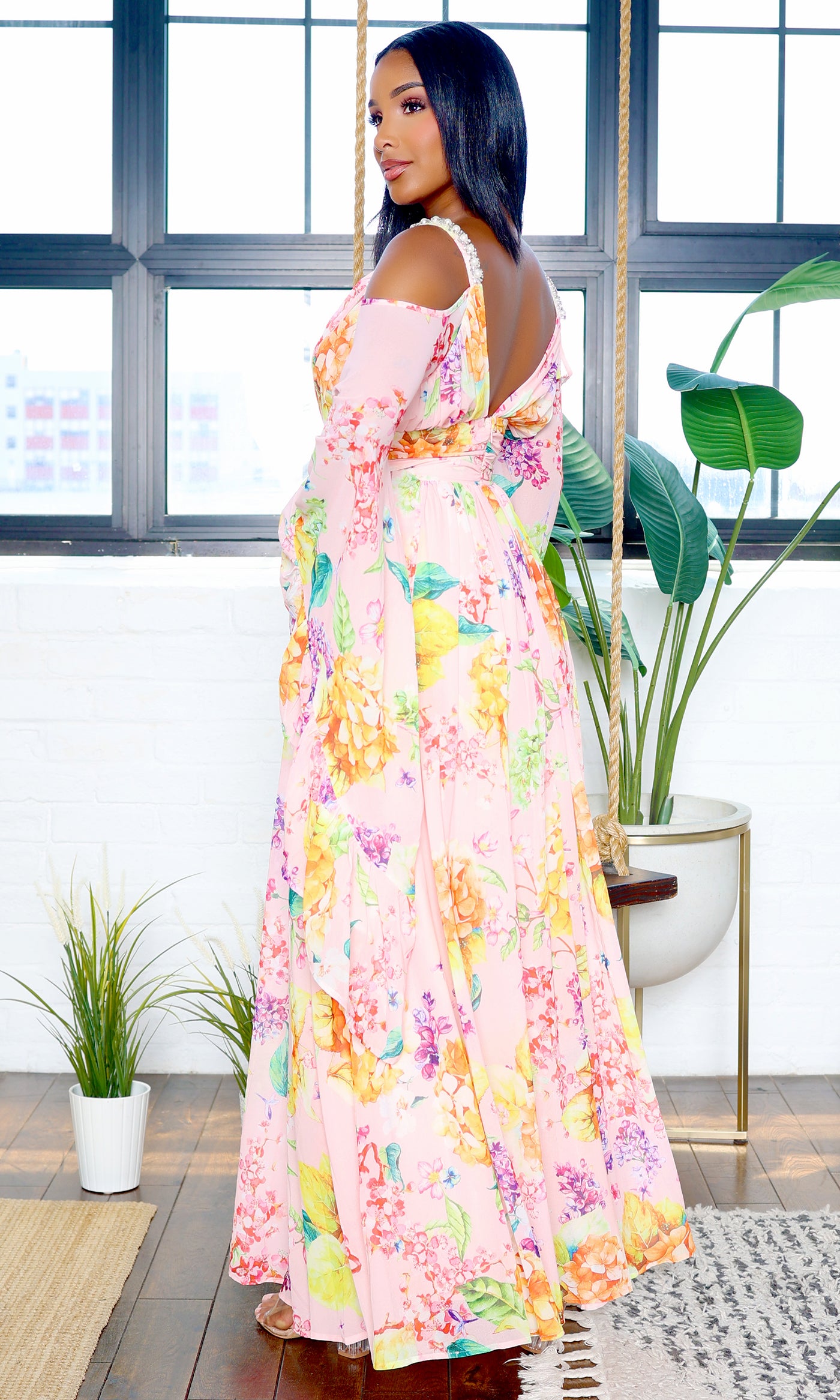 Exquisite | Bell Sleeve Cutout Maxi Floral Dress - Pink FINAL SALE