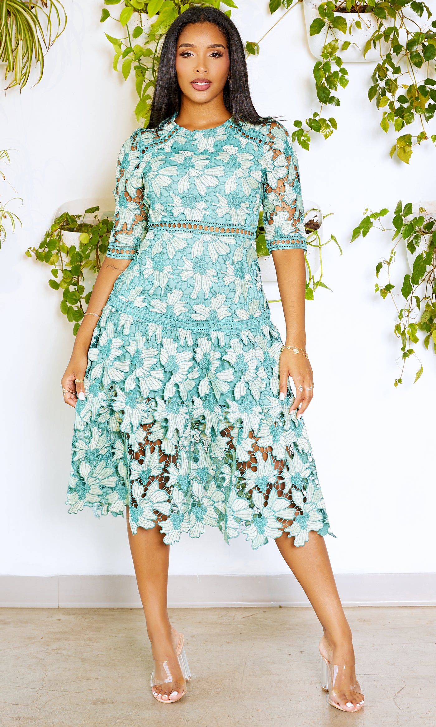 Tiered Lace Dress - Sage - Cutely Covered