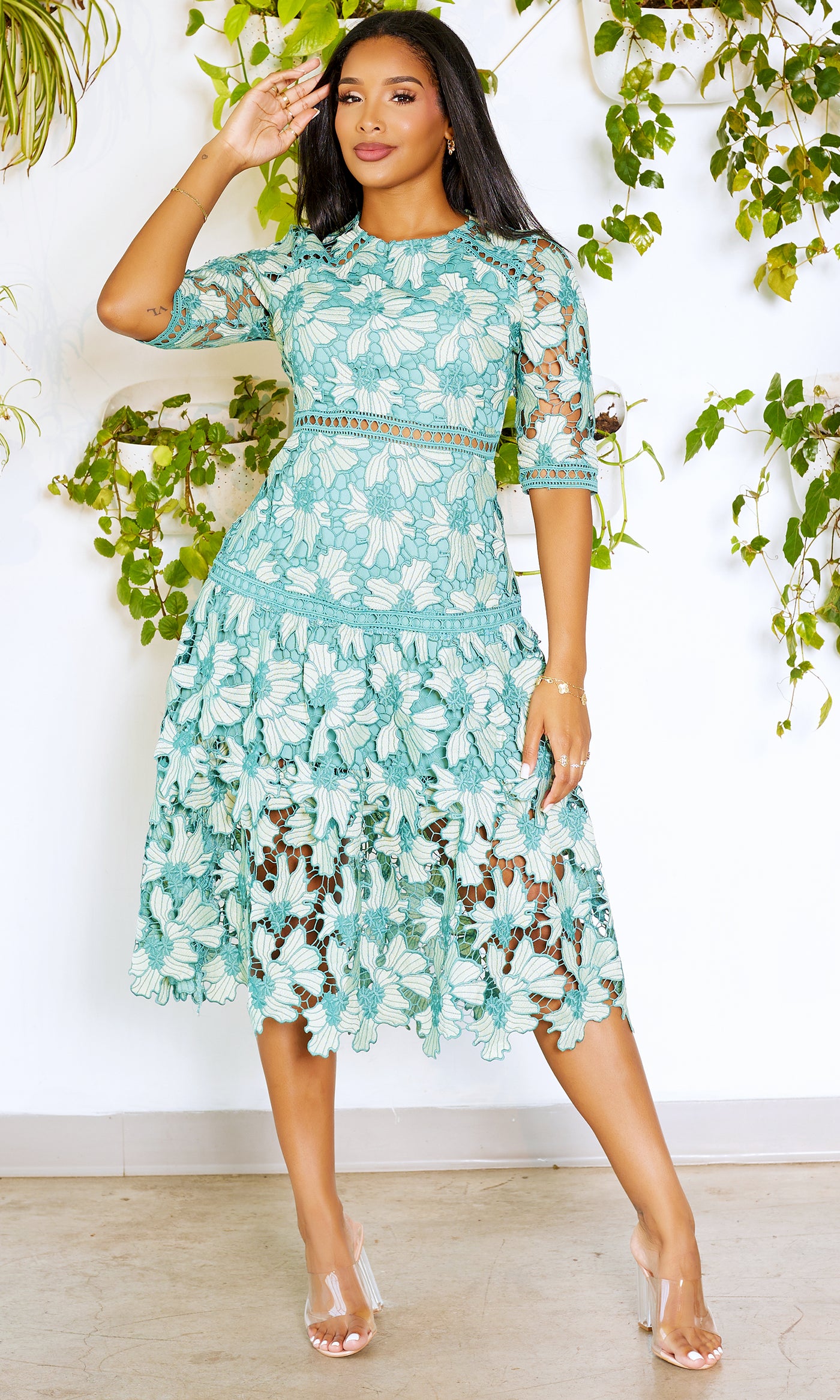 Tiered Lace Dress - Sage - Cutely Covered