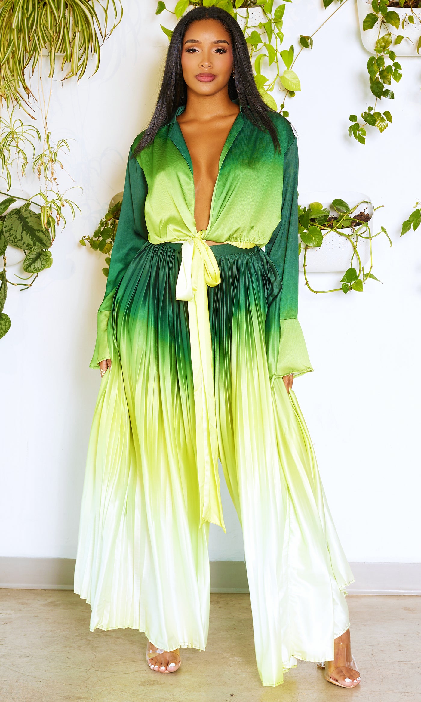 OMG | Ombre Pleated Pants Set - Green - Cutely Covered