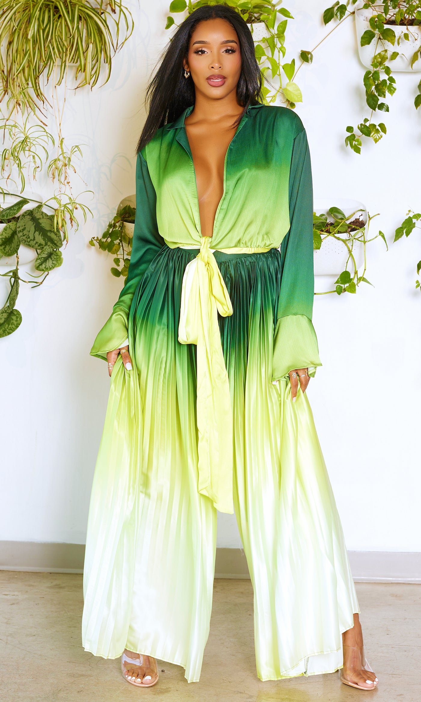 OMG | Ombre Pleated Pants Set - Green - Cutely Covered