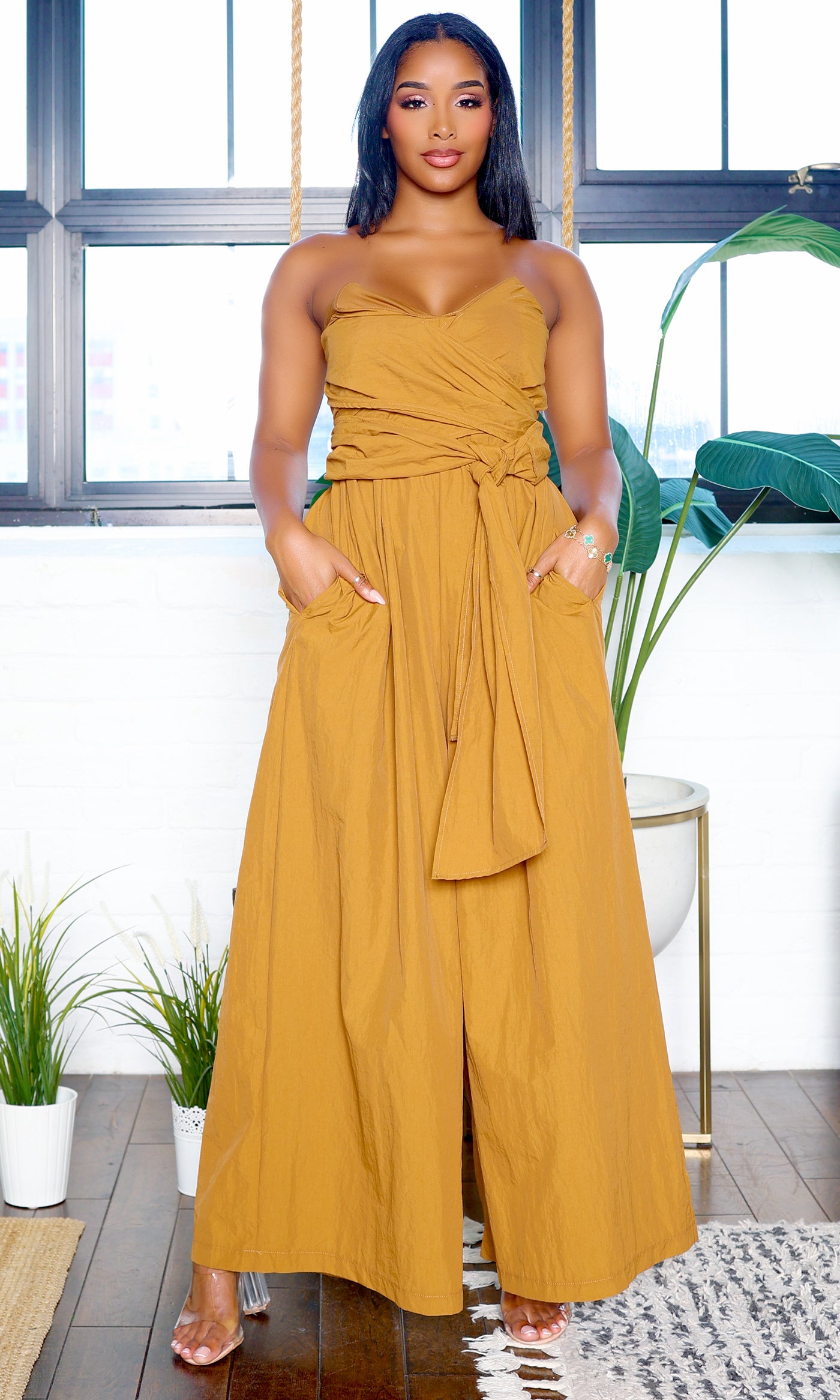 Tie Me Up | Wide-Leg Tube Jumpsuit - Carmel