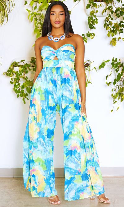 She's Popping | Print Pleated Jumpsuit - Blue Green - Cutely Covered