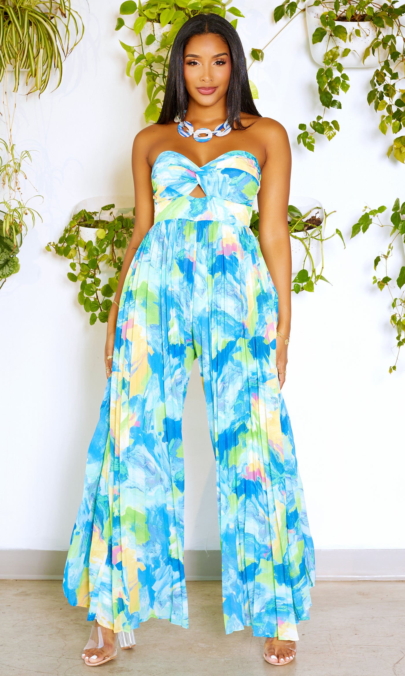 She's Popping | Print Pleated Jumpsuit - Blue Green - Cutely Covered