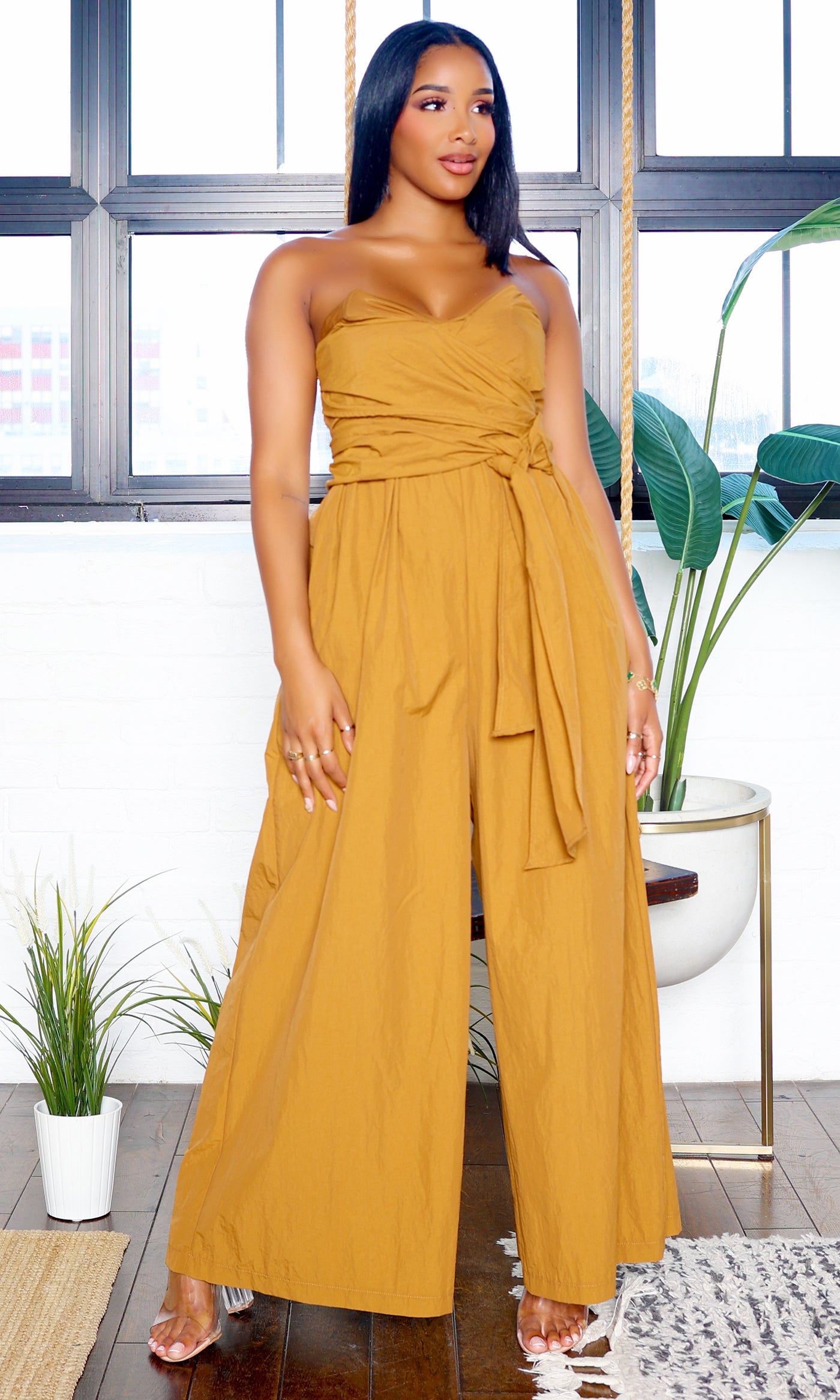 Tie Me Up | Wide-Leg Tube Jumpsuit - Carmel