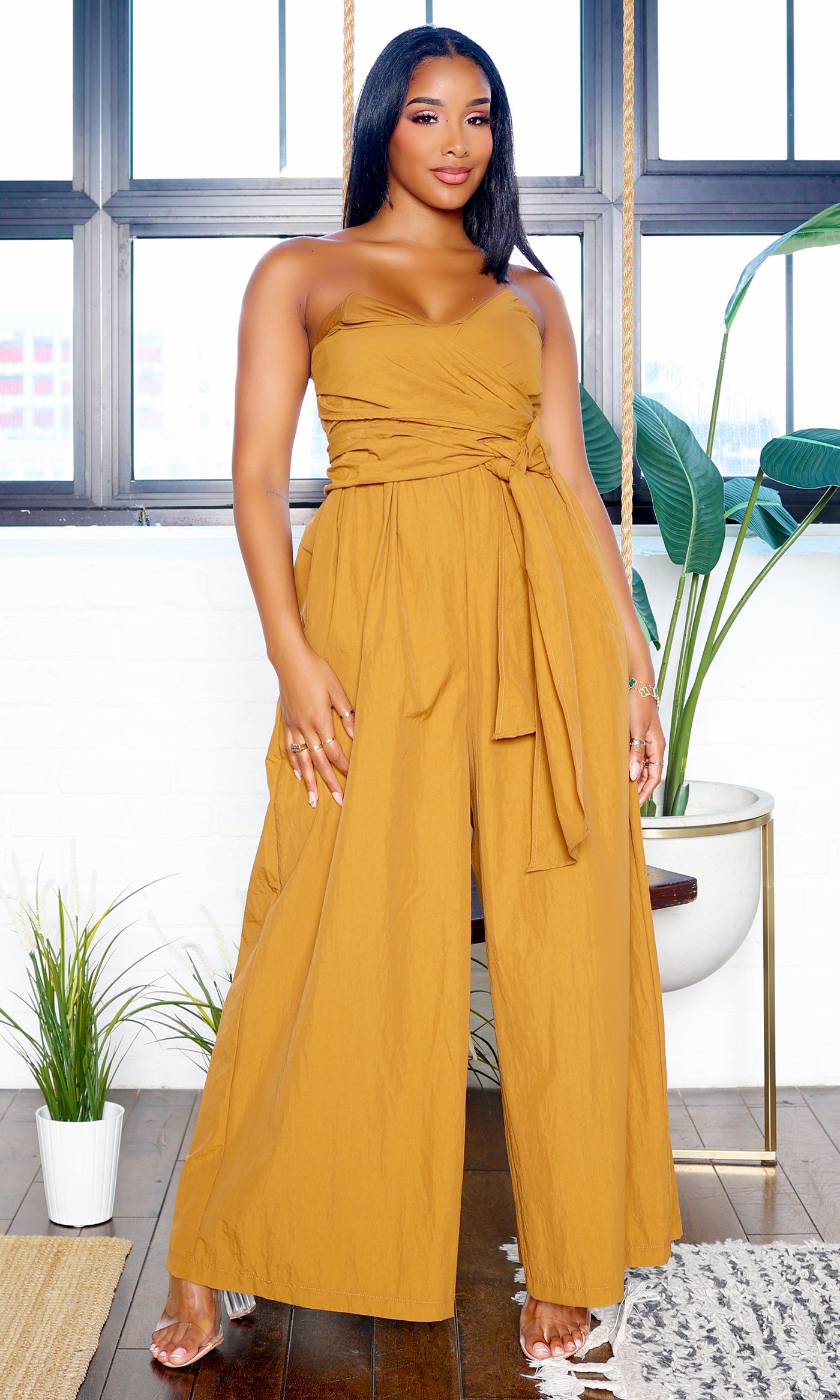 Tie Me Up | Wide-Leg Tube Jumpsuit - Carmel