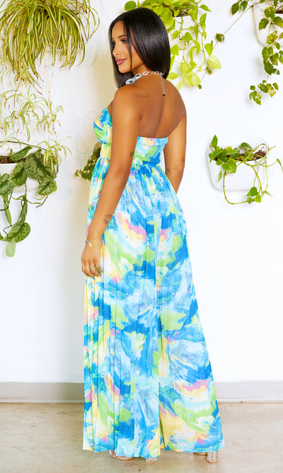 She's Popping | Print Pleated Jumpsuit - Blue Green - Cutely Covered