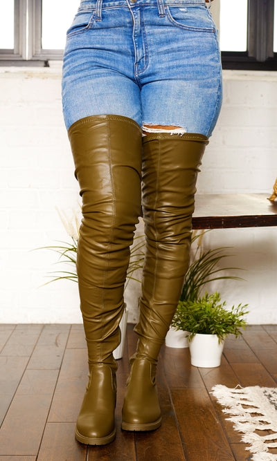 She's Killing It Surgical | Thigh High Flat Stretch Boots - Olive - Cutely Covered