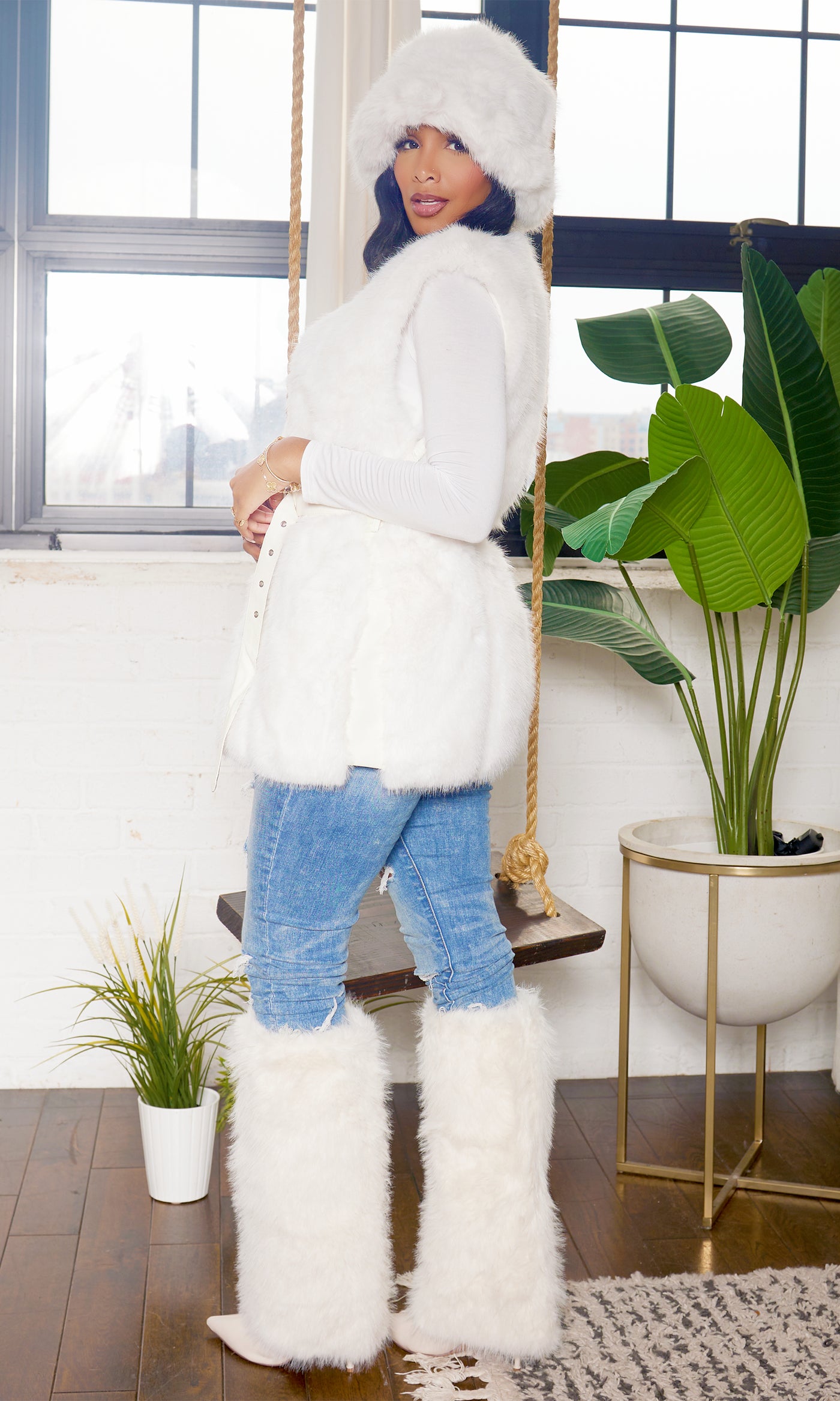 Belted Faux Fur Vest - White - Cutely Covered