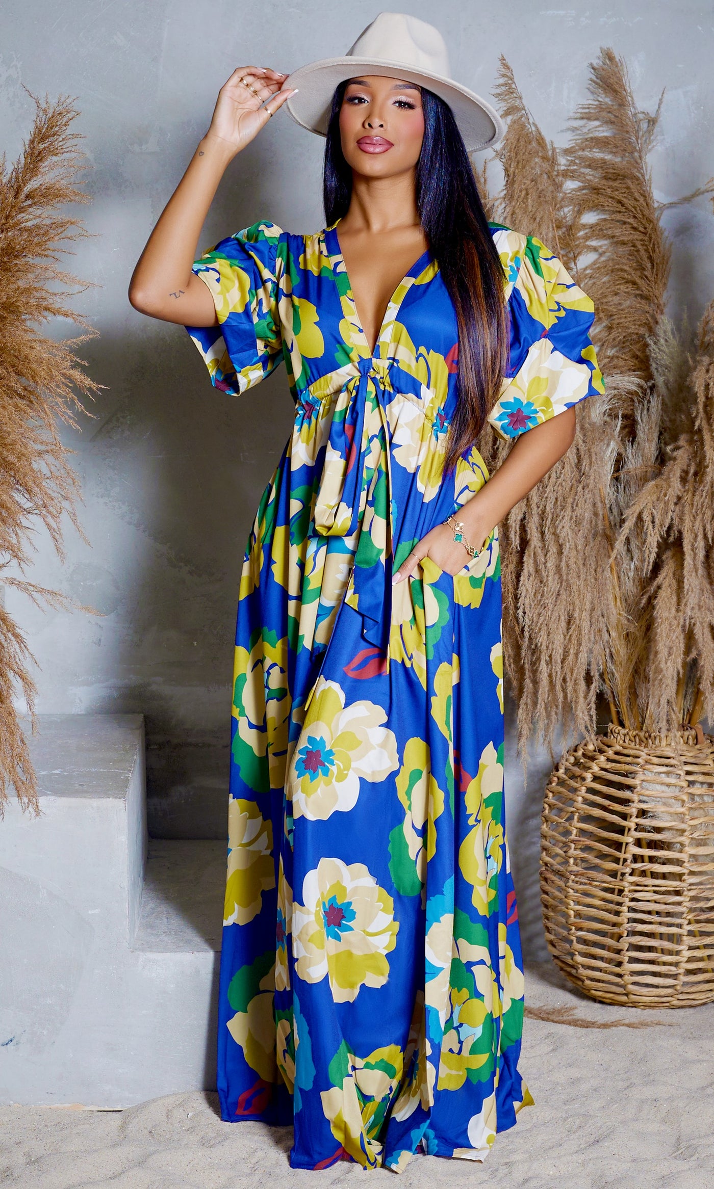 Pockets & Prints Maxi Dress - Royal Blue - Cutely Covered