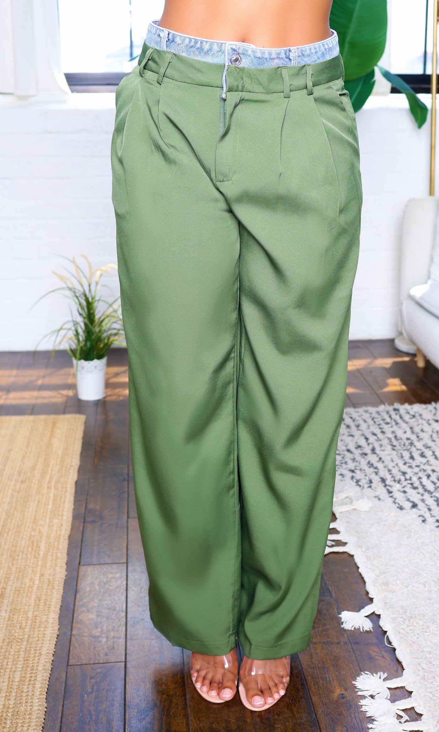 Denim Duo: The Urban Elegance Pants Set- Olive