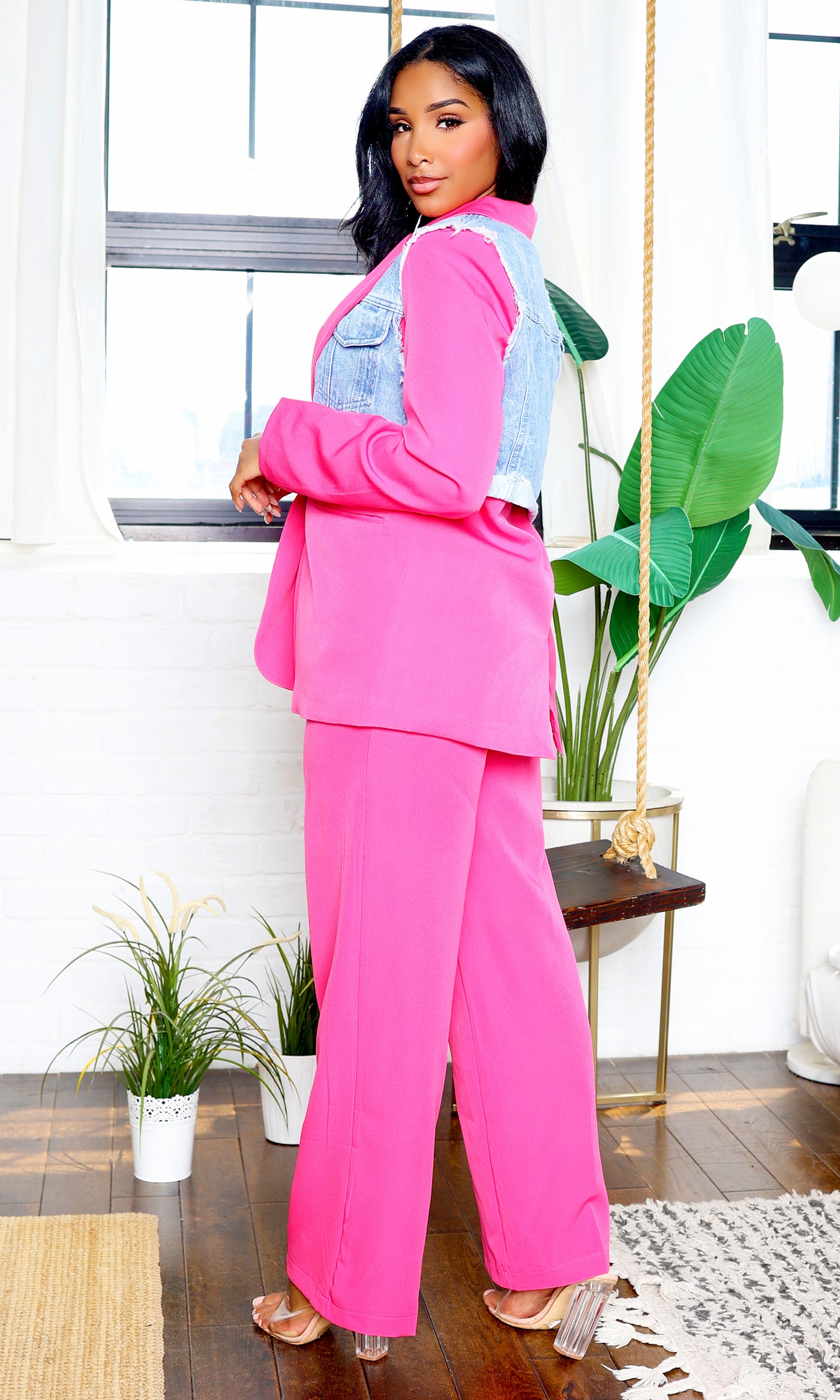 Denim Duo- The Urban Elegance Pants Set -Pink