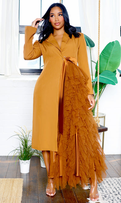 About It | Ruffle Detail Blazer Dress - Rust PREORDER Ships Mid August
