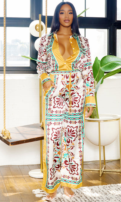 First Class | Print Satin Set - Mustard - Cutely Covered