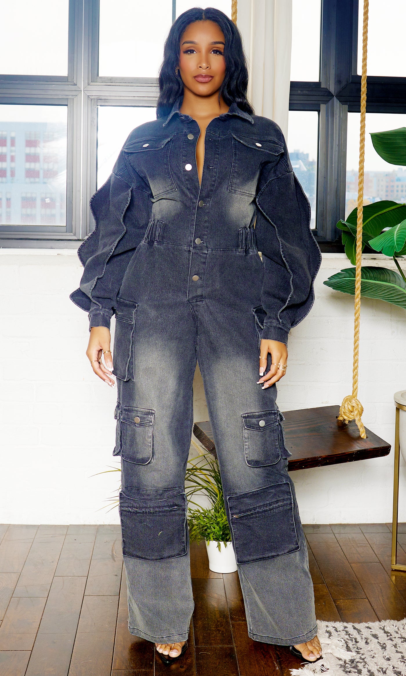 Long Wave Sleeve Cargo Denim Jumpsuit - Black Wash PREORDER Ships Mid to End December - Cutely Covered