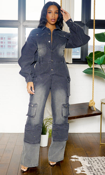 Long Wave Sleeve Cargo Denim Jumpsuit - Black Wash PREORDER Ships Mid to End December - Cutely Covered