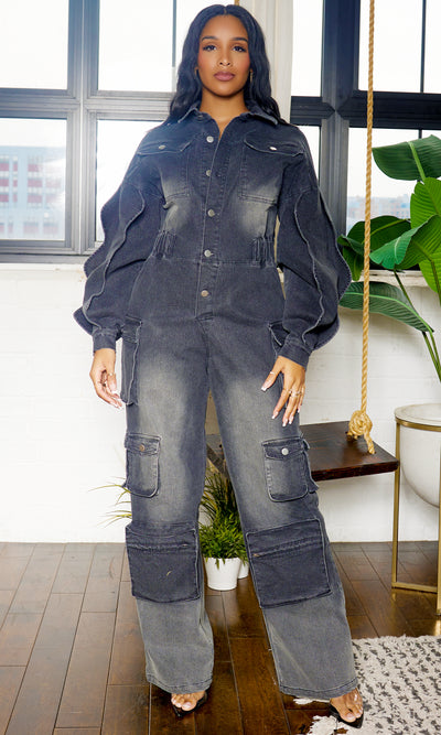 Long Wave Sleeve Cargo Denim Jumpsuit - Black Wash PREORDER Ships Mid to End December - Cutely Covered