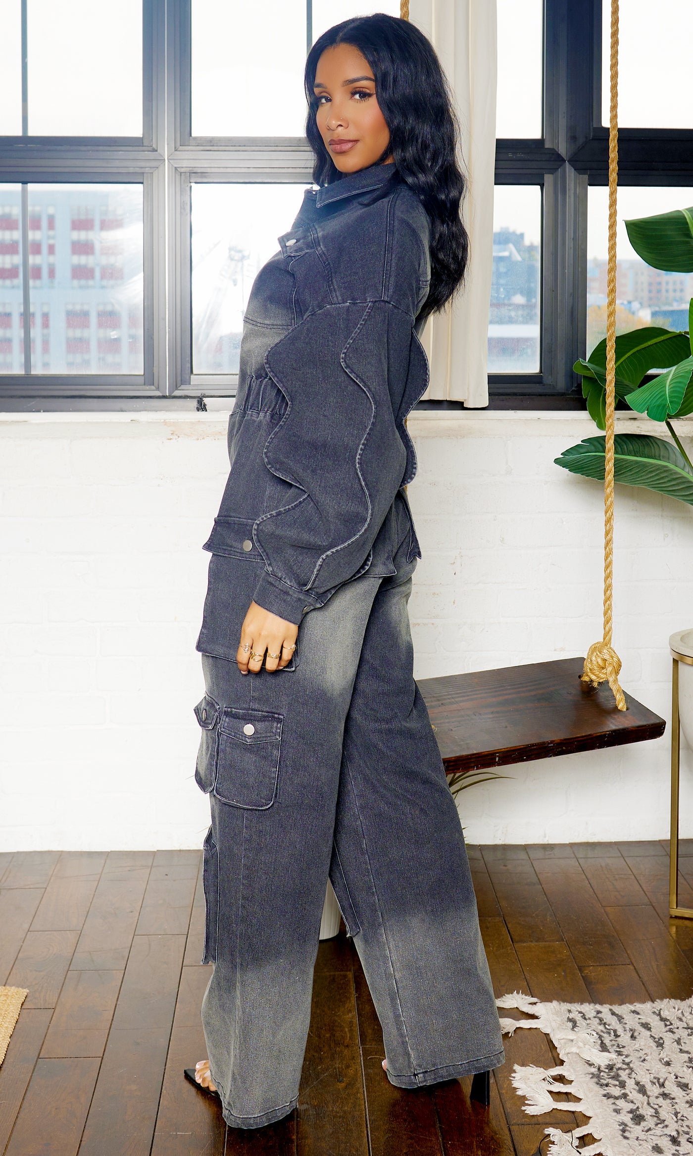 Long Wave Sleeve Cargo Denim Jumpsuit - Black Wash PREORDER Ships Mid to End December - Cutely Covered