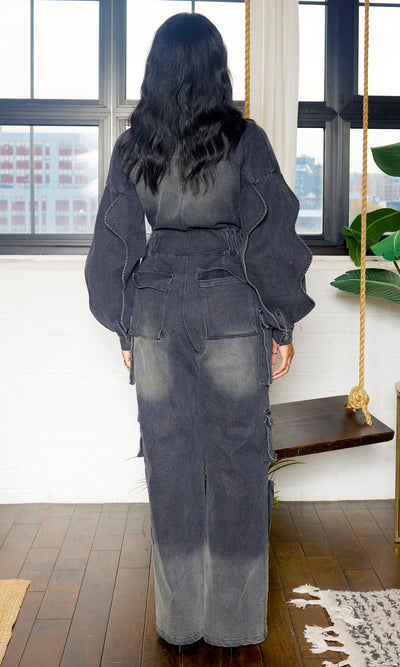 Long Wave Sleeve Cargo Denim Jumpsuit - Black Wash PREORDER Ships Mid to End December - Cutely Covered