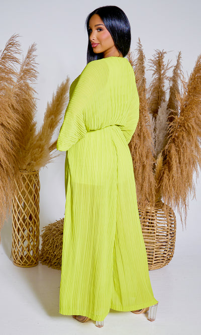 Chic Front Tie Knot Pleated Pants Set - Lime - Cutely Covered