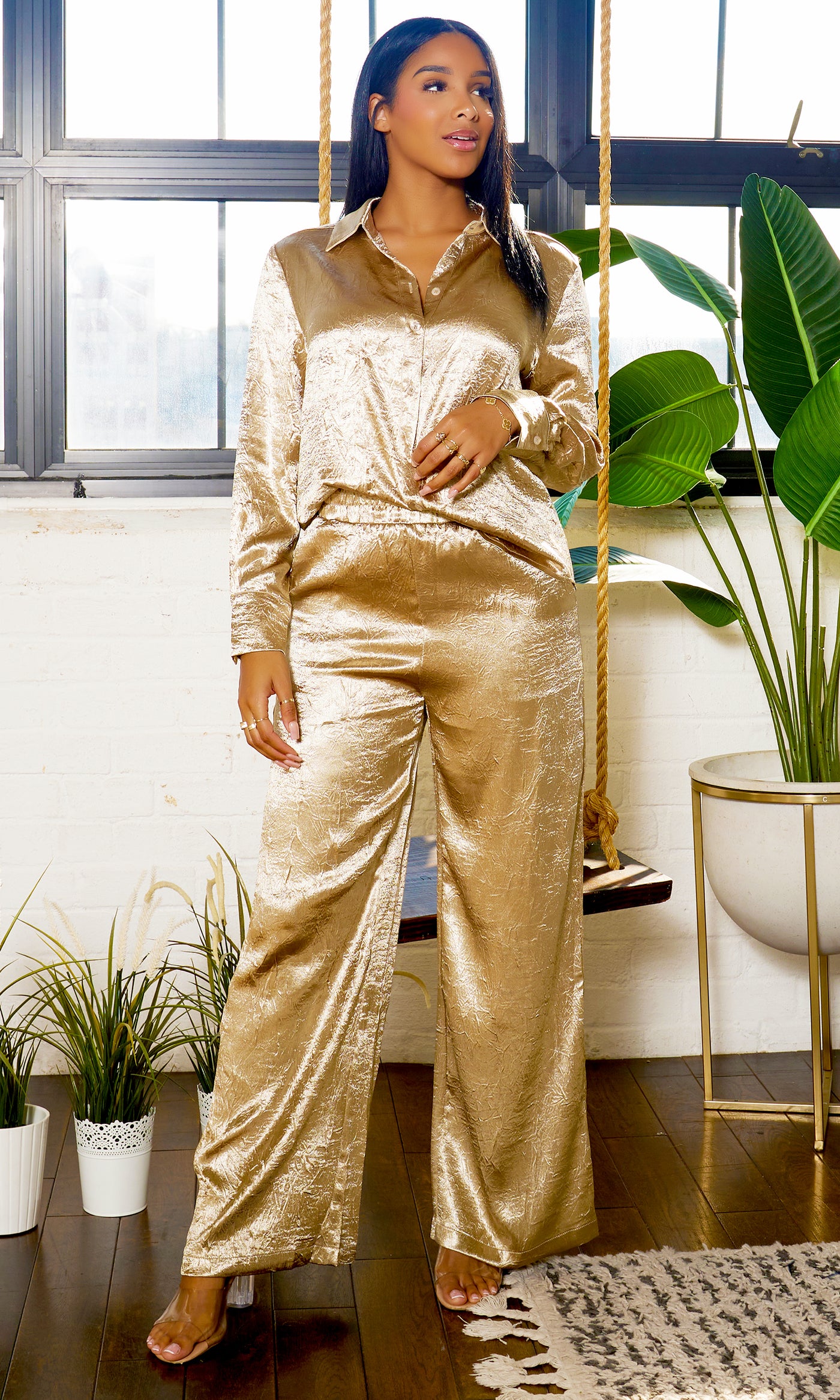 Jacquard Satin Pants Set - Gold - Cutely Covered